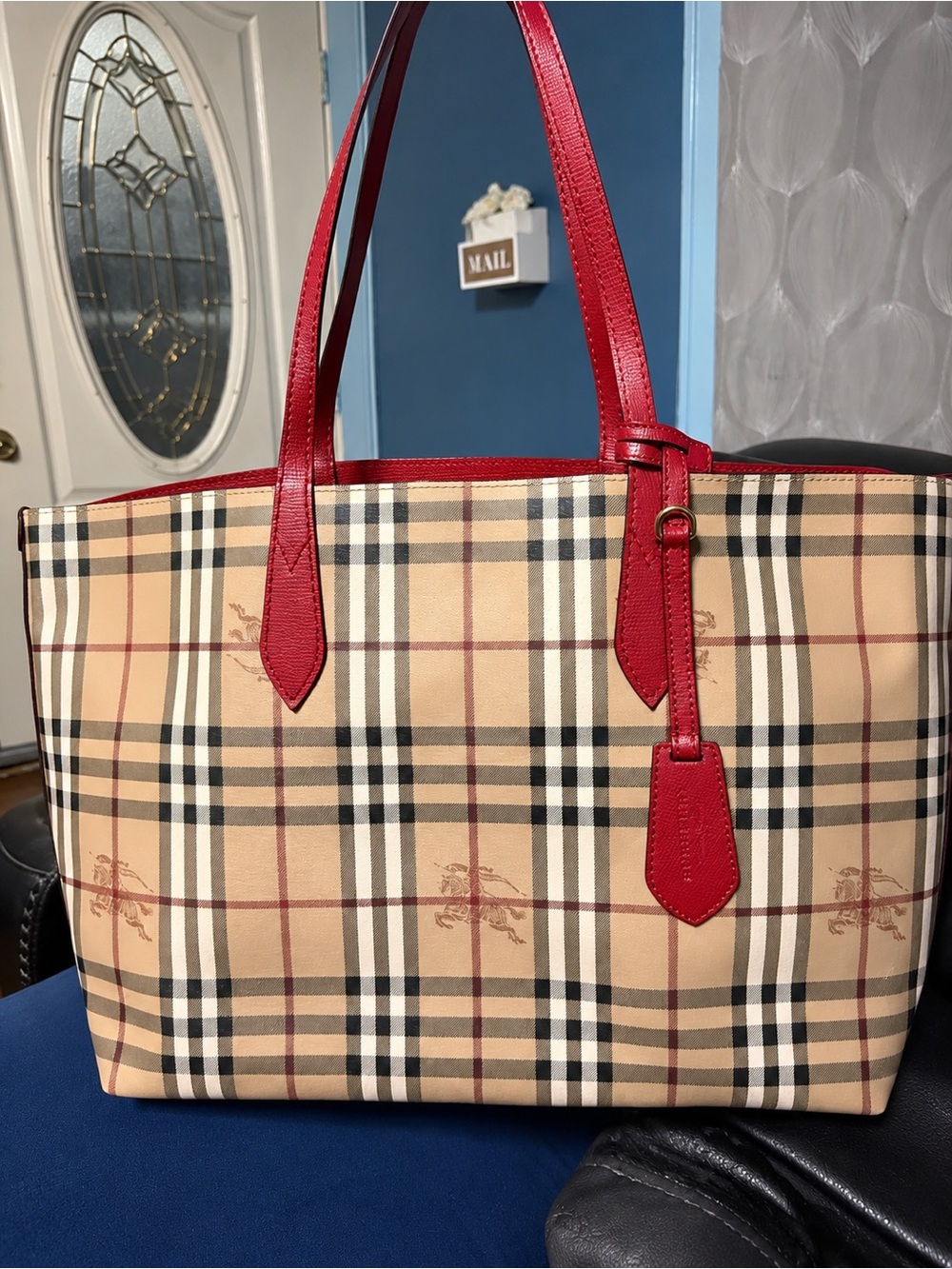 Burberry Haymarket Check Reversible Tote Bag Red Leather
